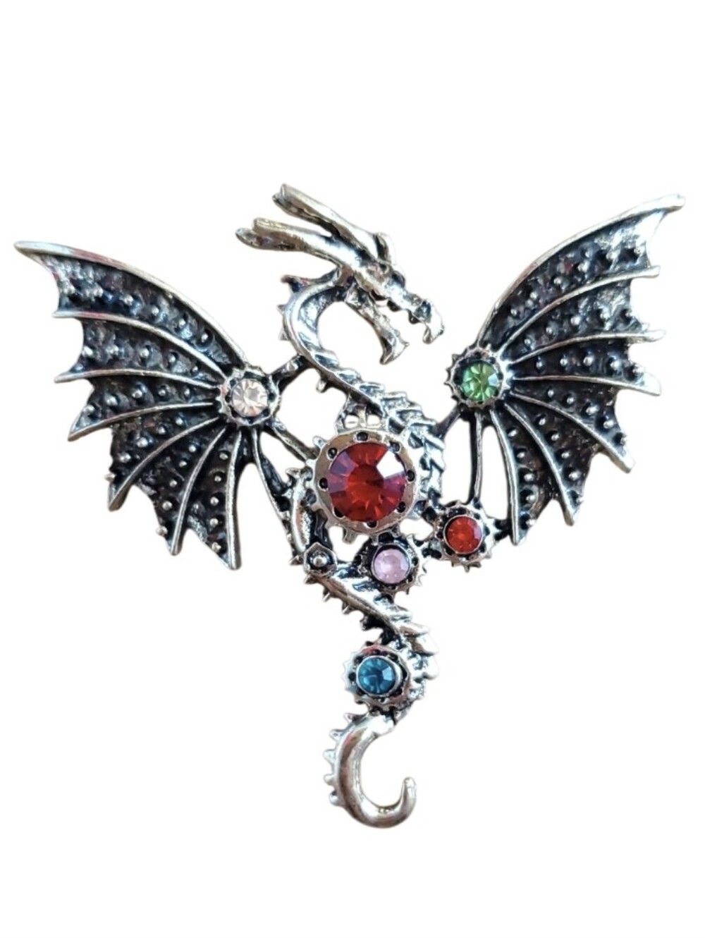 Antique Gold Dragon Brooch with Multicolored Gem Accents - Women Jewelry